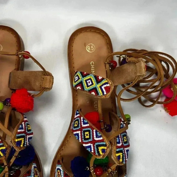 2/$30 Chinese Laundry Size 9.5 Sandals Beaded Pom Ankle Wrap Colorful Party - Picture 4 of 9